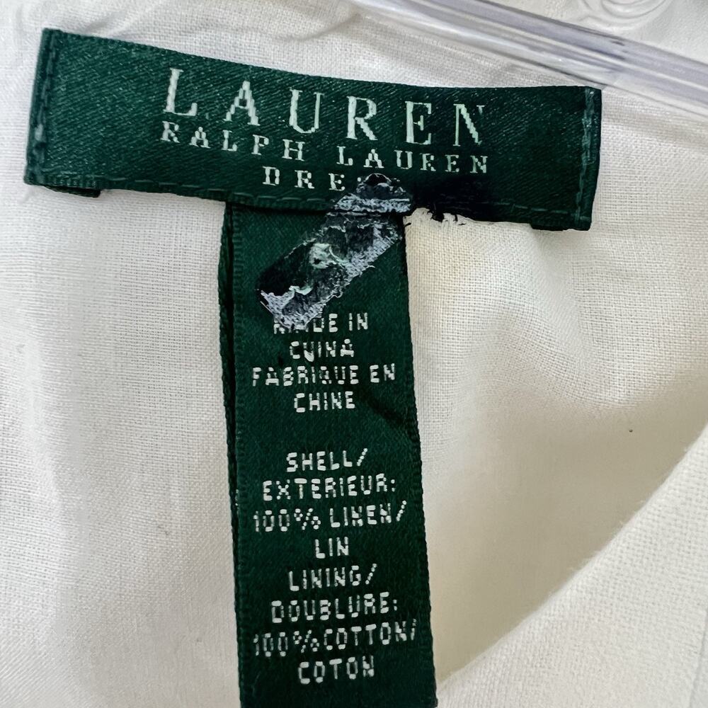 Lauren Ralph Lauren 100% Linen Dress Women 6 Ivory Fit Flare Pintuck Lace Lined - Picture 8 of 15